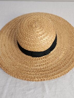 Vintage 90's Wide Brim Straw Sun Hat with Black Grosgrain Ribbon Made In Italy